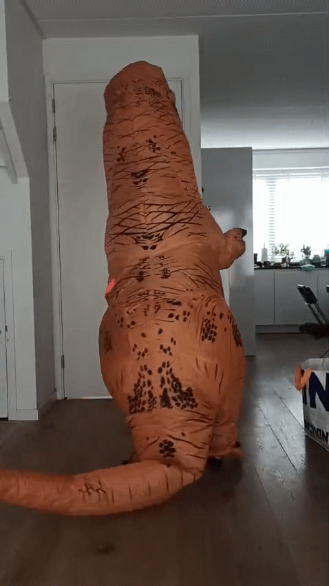 Dansende Evelien in dinosauruspak